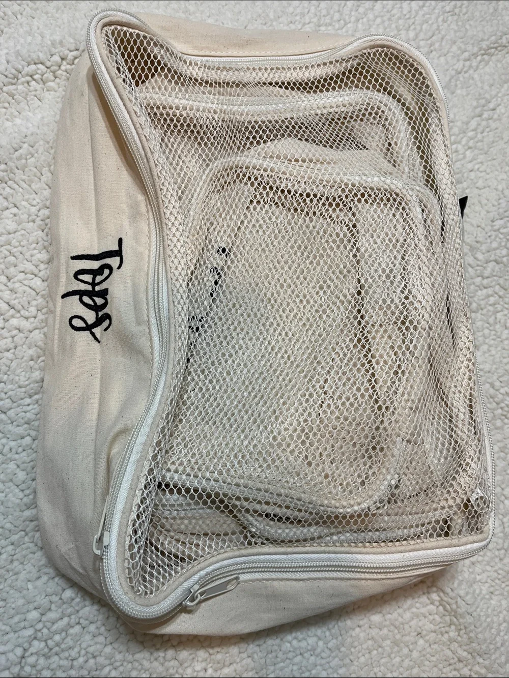 6-Piece Embroidered Travel Packing Cube Set NWOT  Neutral Canvas Mesh Organizers